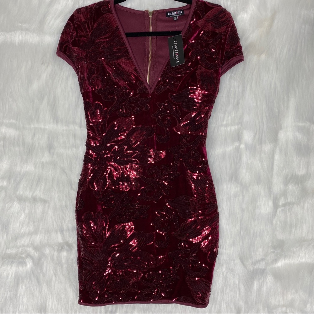 Fashion Nova Burgundy Sparkly Velvet Mini Dress